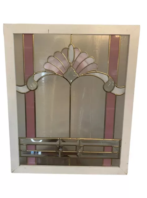 Art Deco Wood Frame Stained Glass Window Panel 22” x 18” Purple Lilac Opaque