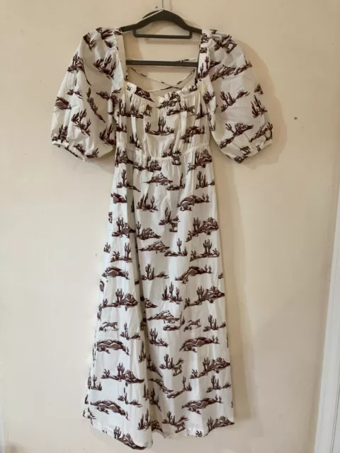 Mango Ivory/Brown Horse/Cactus/Desert Print Midi Dress, Puff Sleeves. Size S VGC