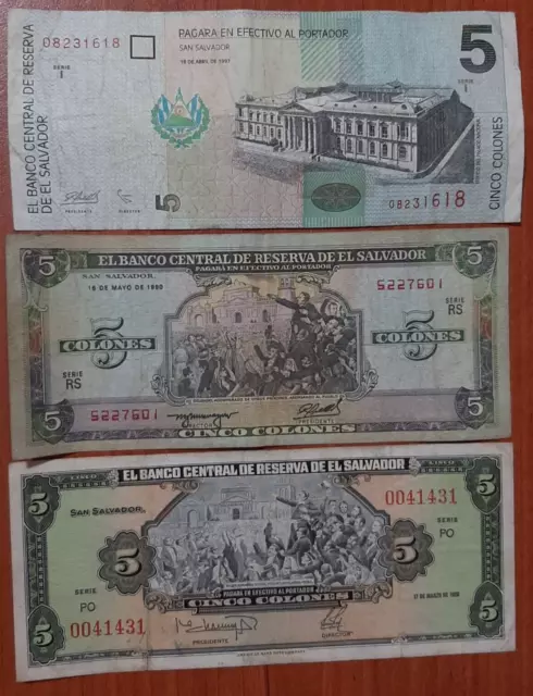 El Salvador 3 Banknotes 5 Colones In Different Design Used From 1983 To 1999