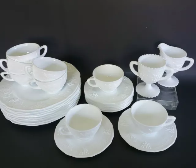 Vtg Indiana Harvest Colony Milk Glass Dishware Service for 8 w/Sugar and Creamer Vtg Indiana Harvest Colony Milk Glass Dishware Service for 8 w/Sugar and Creamer