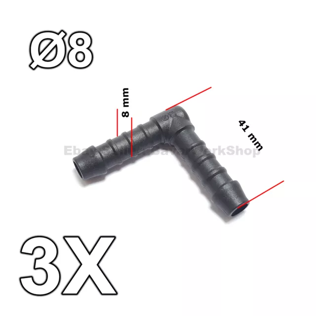 3x 8MM Tipo L 90 Grados Codo Manguera Tubo Conector para Aire Combustible Agua