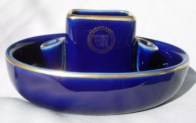 Missouri Pacific Lines Matchstand Ashtray Hall China Cobalt Blue and Gold