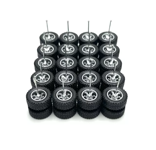 NEW 10 Sets 14mm OFF ROAD Silver Real Rider Wheel W/ Rubber Tire 1/64 H0T Wheelz