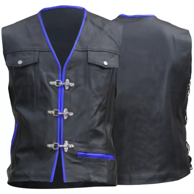 German Wear, Cuir Moto Habitude Mousqueton Gilet en Veste de Motard Noir/Bleu