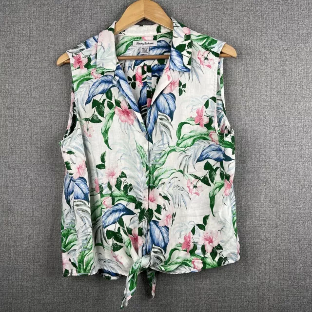 Tommy Bahama Top Womens XL Button Up Sleeveless Blouse Linen Floral Tank Casual