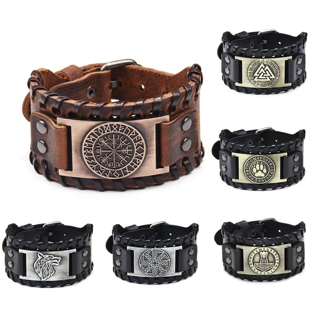 8 Style Norse Viking Wolf/Vegvisir/Valknut Rune Leather Cuff Wristband Bracelet