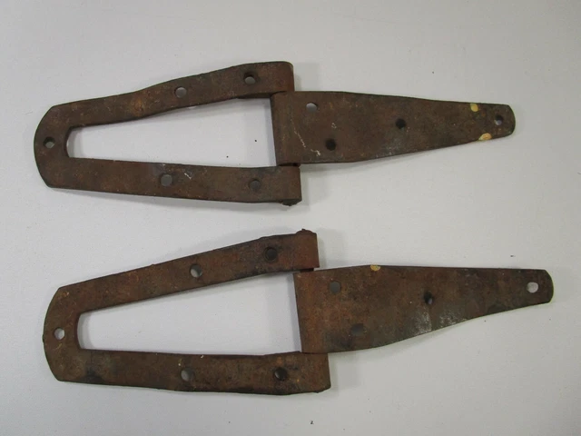 Antique Vintage Set pair Of forged Iron Barn Door Strap Hinges unusual 11.5" 5