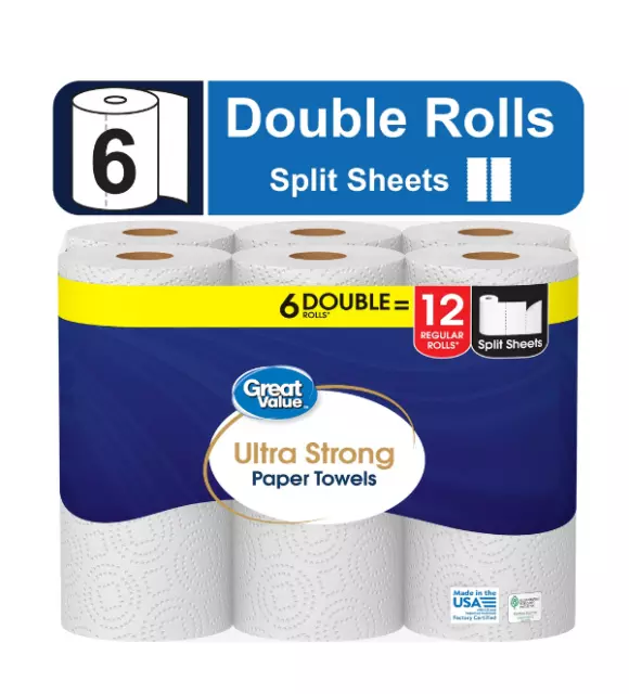 Great Value Ultra Strong Paper Towels, White, 6 Double Rolls