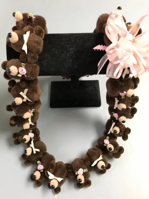 Hawaiian Dark Brown Teddy Bear Pom Pom Lei Graduation Gift pink cream