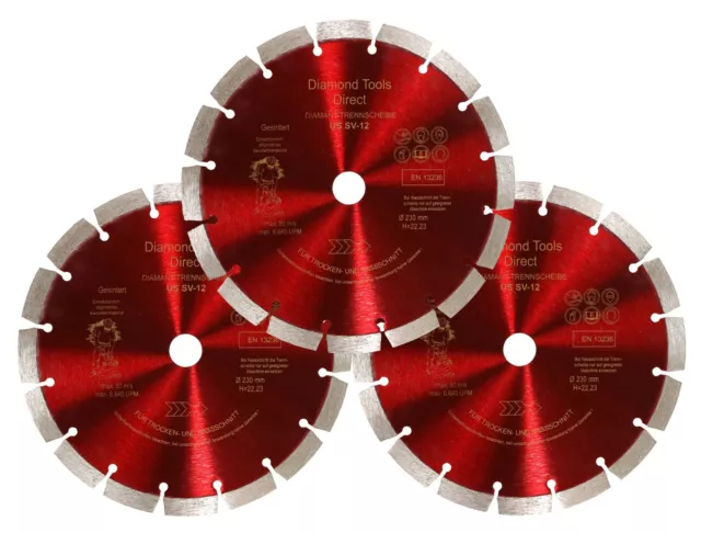 3 X 230  Diamanttrennscheibe Diamantscheibe Beton 12 mm Segmenthöhe USSV