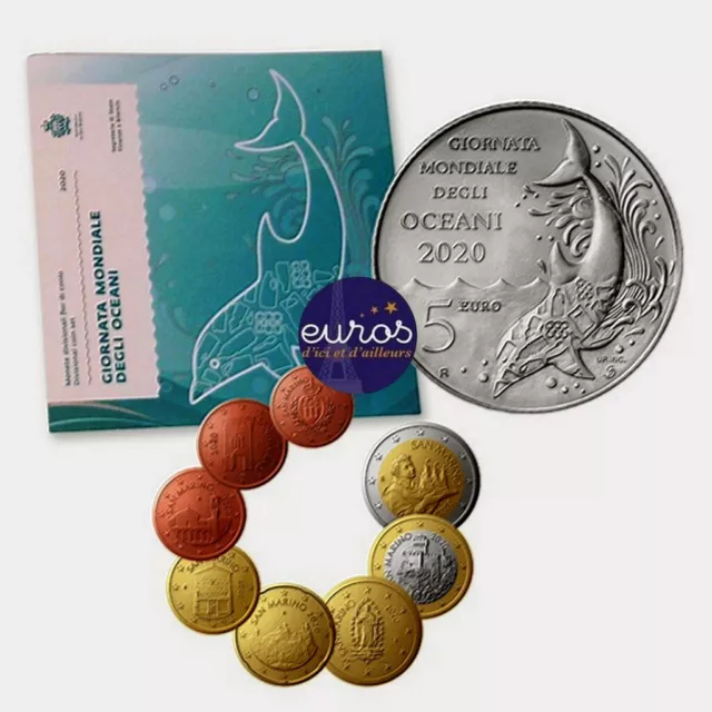 Set BU SAINT MARIN 2020 - Série 1 cent à 2 euros + 5€ argent - Journ. M. Océans