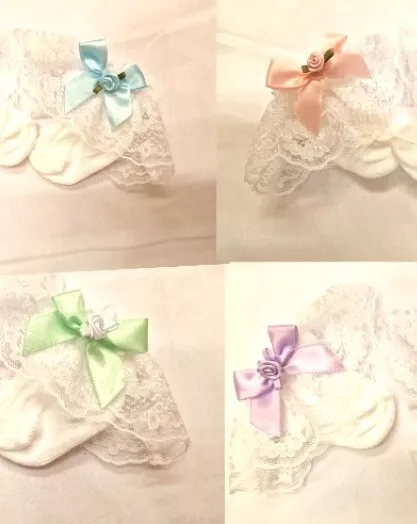 DREAM BABY GIRLS TRADITIONAL frilly SOCKS WITH BOW AND ROSEBUD DETAIL ALL SIZES