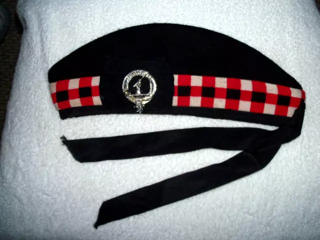 Scottish Piper HAT 100% WOOL BLACK GLENGARRY TRIPLE DICED W/Fortitudine Badge