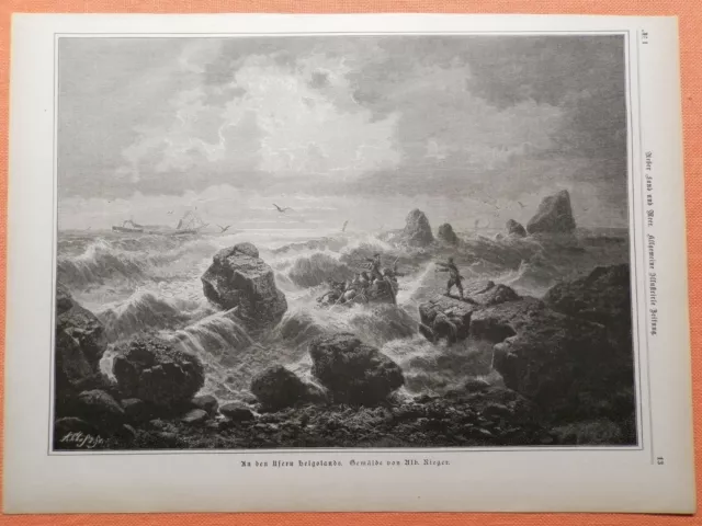 An den Ufern von Helgoland Schiff Meer original Holzstich 1887 Alb. Rieger