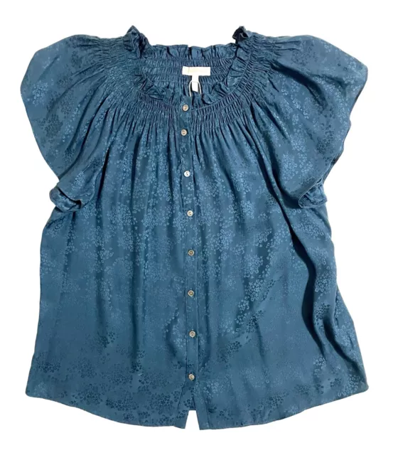 Rebecca Taylor Silk Top Blue Floral Jacquard Short Sleeve Buttons SZ 10 NWT $250