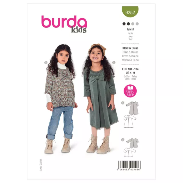 Burda Easy NÄHMUSTER 9252 Mädchen Kleid & Bluse mit großer Schleife 4-9