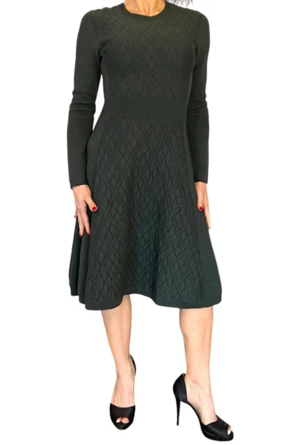 Lela Rose Vintage Crewneck Sweater Dress Green Quilted  Wool/ Cashmere/Silk S