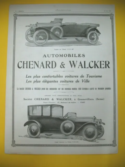 PUBLICITE DE PRESSE CHENARD & WALCKER AUTOMOBILE COUPé ET TORPEDO 1919