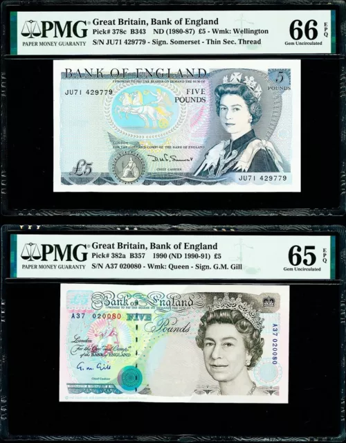 Great Britain 5 Pounds 1980-91 PMG 65 & 66, Queen Elizabeth II, 2 Notes Total