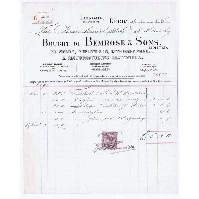 1896 Billhead, Bemrose & Sons, Printers, Irongate DERBY to Friars Cricket Club