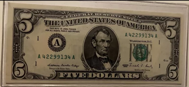 1988 $5 Five Dollar Bill Federal Reserve Note Boston A