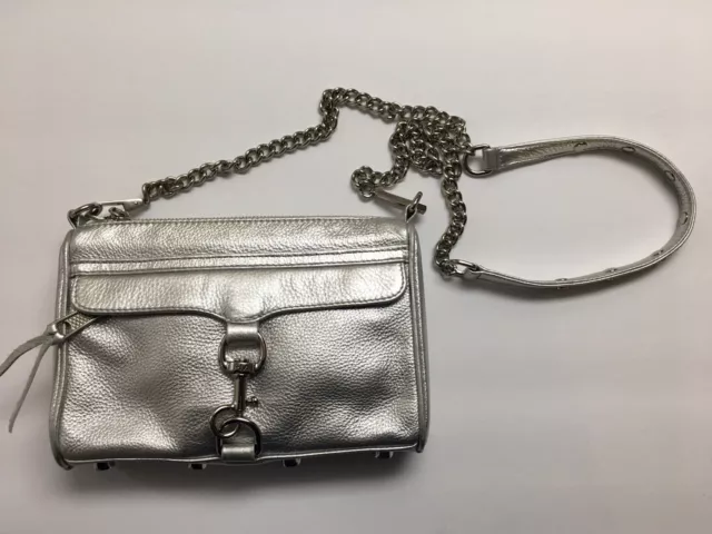 Rebecca Minkoff Mini Mac Crossbody Purse Genuine Leather Silver Shoulder Bag