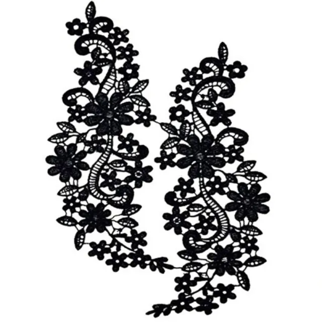 Pair of Embroidered Flower Lace Trimming Edging Trim Sewing Craft (Black)