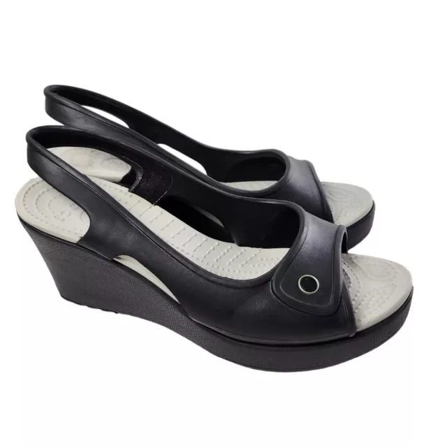 Crocs Havana Black Wedge Sandals Slingback Open Toe Comfort Shoe Womens Size 10