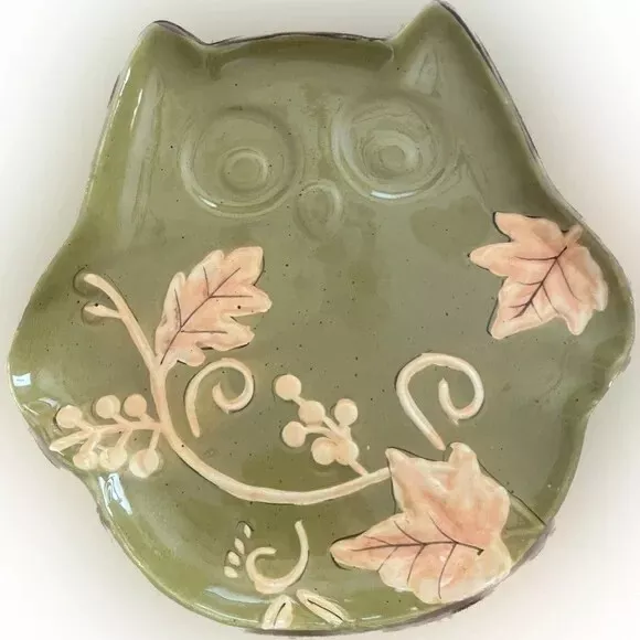 Green Ceramic Owl Platter Decorative Owl Plate 9" Fall Harvest Decor Plate