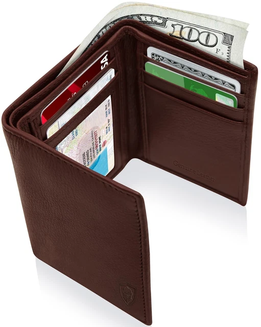 Genuine Leather Mens Wallet Slim Trifold Wallets For Men With ID Window RFID