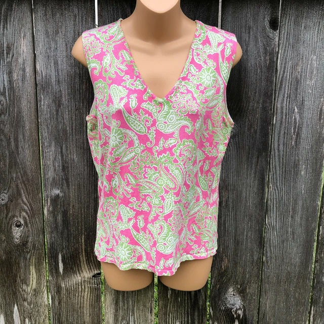 Carole Little Sleeveless Top V-Neck Paisley Pink Green Silk Blend? Womens Size M