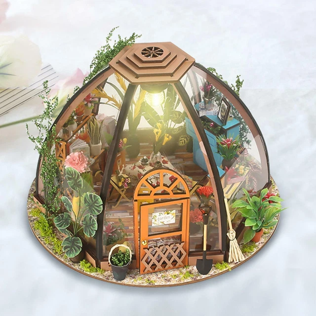 DIY DOLLHOUSE WOODEN Miniature Furniture Kit Mini Green House with LED