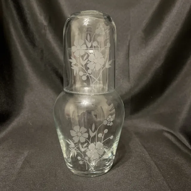 Vintage Tumble Up Glass Set Carafe And Cup With Etched Floral Design