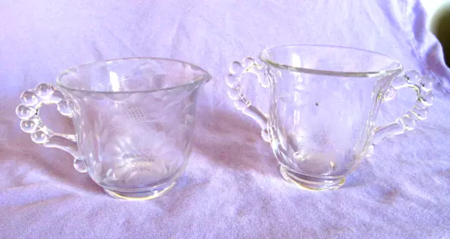 Hughes, W.J. Cornflower Candlewick Clear Etched Glass  Sugar & Creamer set