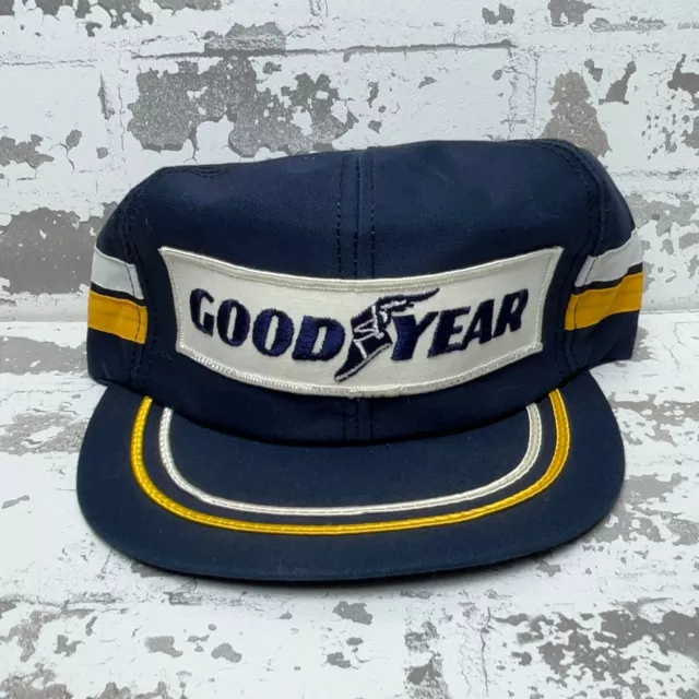 Vintage Good Year Tire Hat Cap Snap Back Side Stripes USA Trucker 80s Patch Old