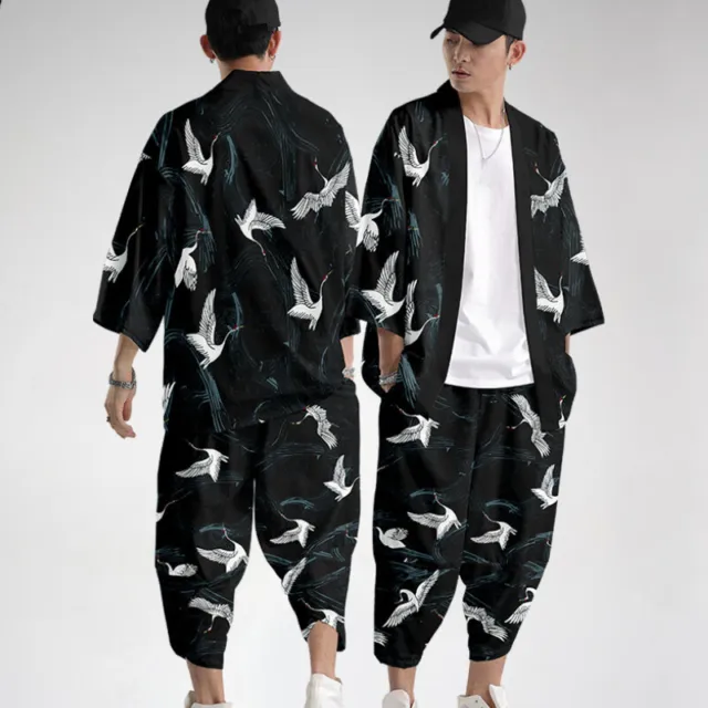Uomo Crane Kimono Cappotto Giacca Top Pantaloni Giapponese Casual Sciolto Nero