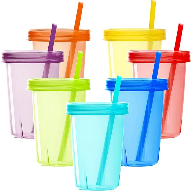Youngever 7 Sets Plastic Kids Cups with Lids and Straws, 7 Multicolor