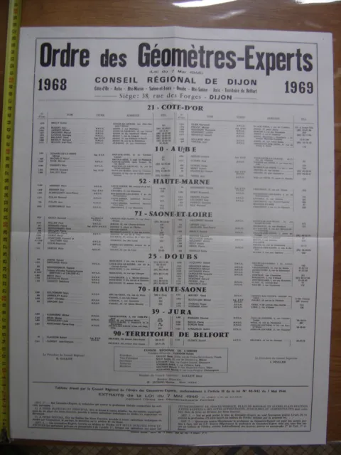 1968 /69 Affiche ORDRE GEOMETRES EXPERTS conseil regional de Dijon Cote d Or