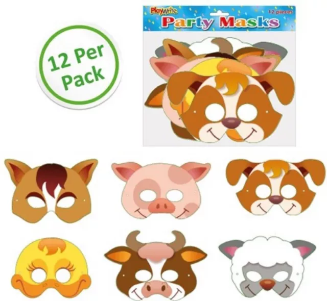 Cardboard Masks Farm Yard Animals Pack of 12 Fancy Dress Costume Party Bag