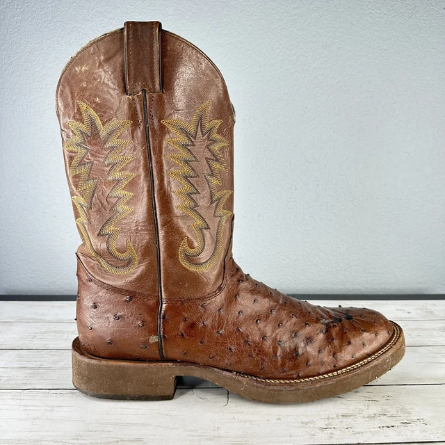 SIZE 12 D + Justin Men’s Full Quill Ostrich Boots Brown Exotic Leather