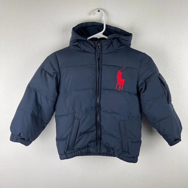 POLO RALPH LAUREN $150 Hooded Down Fill Puffer Zip Coat Navy Boys 5 Large Pony