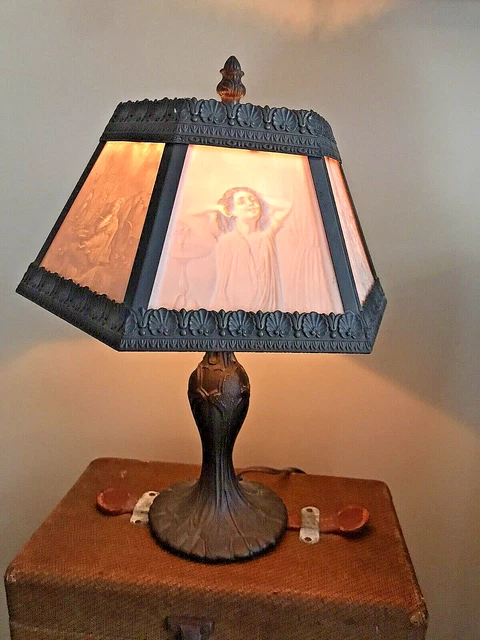 Lithophane Lamp 6 Panel Shade Table Electric Victorian Parlor Vintage Ornate Lithophane Lamp 6 Panel Shade Table Electric Victorian Parlor Vintage Ornate