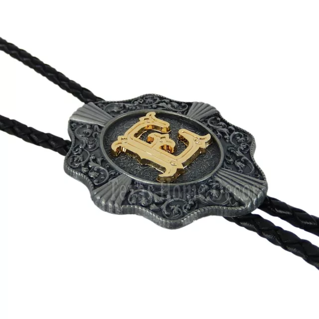 Initial Letter "E" Bolo Tie Western 38" Genuine Leather Cord Detailed Tips