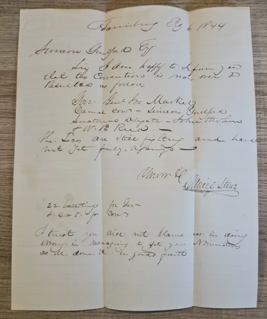 1844 Letter to Simeon Guilford Labanon, PA Union Canal Company Secret Nomination