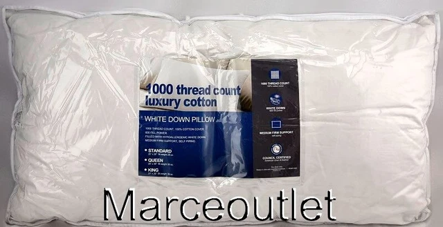 Blue Ridge 1000 Thread Count Luxury Cotton White Down STANDARD Pillow SET OF TWO