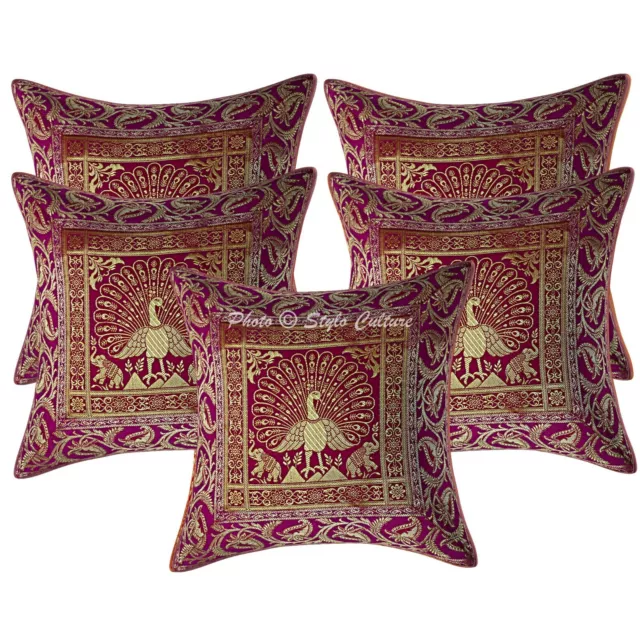 Scatter Cushion Covers Magenta 40 x 40 cm Jacquard Brocade Peacock Throw Pillows