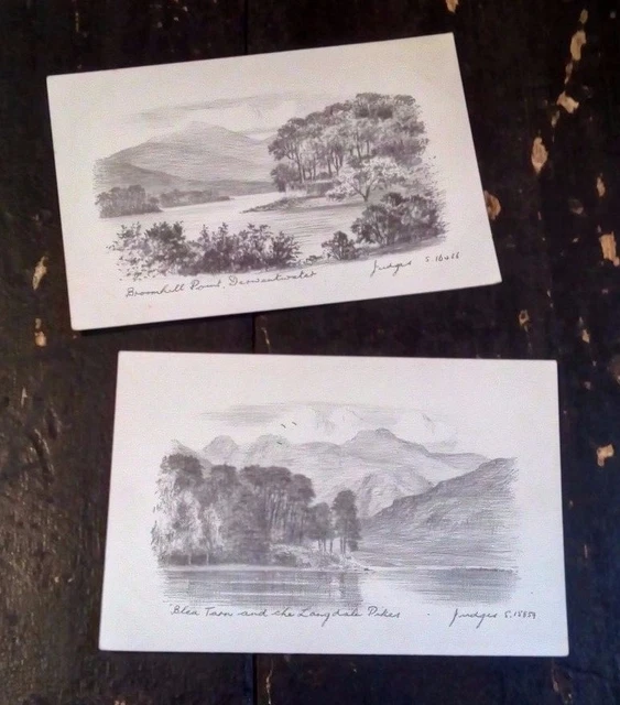 TWO VINTAGE POSTCARDS Judges of Hastings Pencil Etches of the Lake