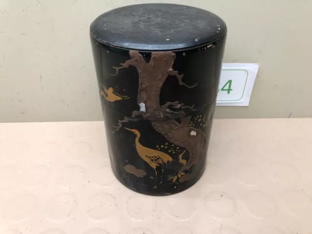 Antique Vintage Japanese Bird Black Tin Tea Caddy Japan W/ Lid & Insert