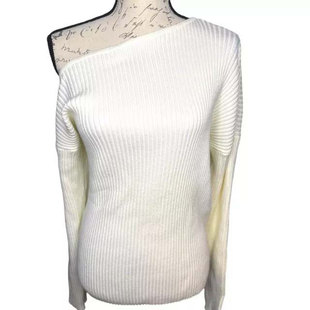 Hello Molly One Shoulder Sweater Size XL Ivory Cream Ribbed Long Sleeves Neutral
