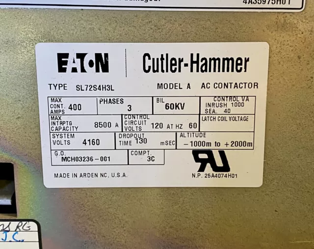 EATON SL72S4H3L VACUUM CONTACTOR 400 amp 4160 V 120 VAC NEW Ships 24/7 EATON SL72S4H3L VACUUM CONTACTOR 400 amp 4160 V 120 VAC NEW Ships 24/7